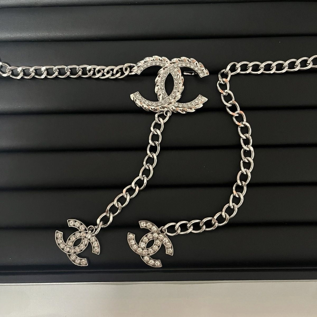 Silver Curb Chain Waist Belt | Crystal Buckle & Chain Tassel Drop