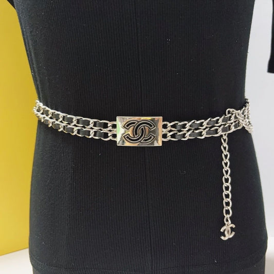 Double-Layer Leather-Woven Chain Belt with Rectangle Buckle Charm