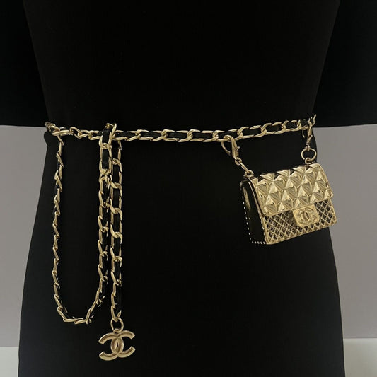 Gold Chain Waist Belt with Mini Quilted Bag Charm & Tassel Drop