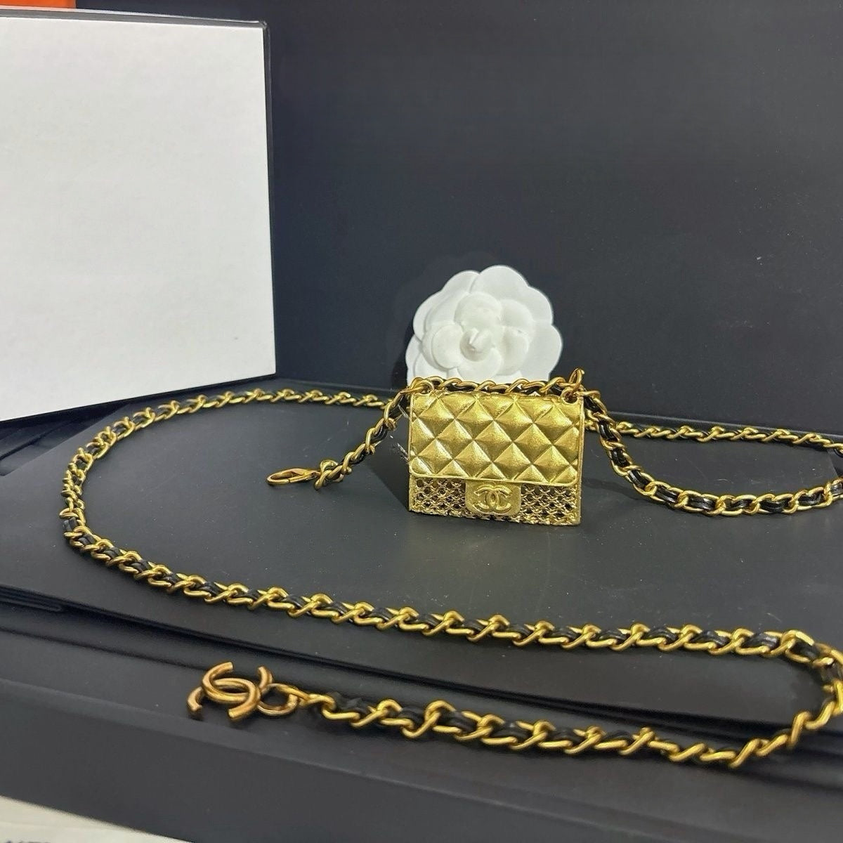Gold Chain Waist Belt with Mini Quilted Bag Charm & Tassel Drop