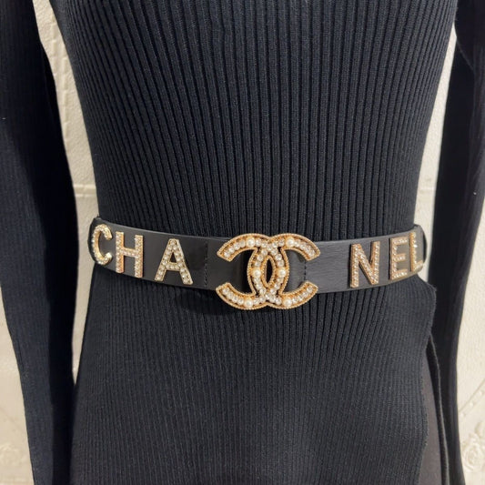Pearl Crystal Letter Buckle Leather Belt