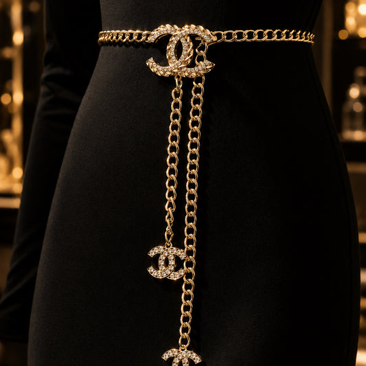 Silver Curb Chain Waist Belt | Crystal Buckle & Chain Tassel Drop