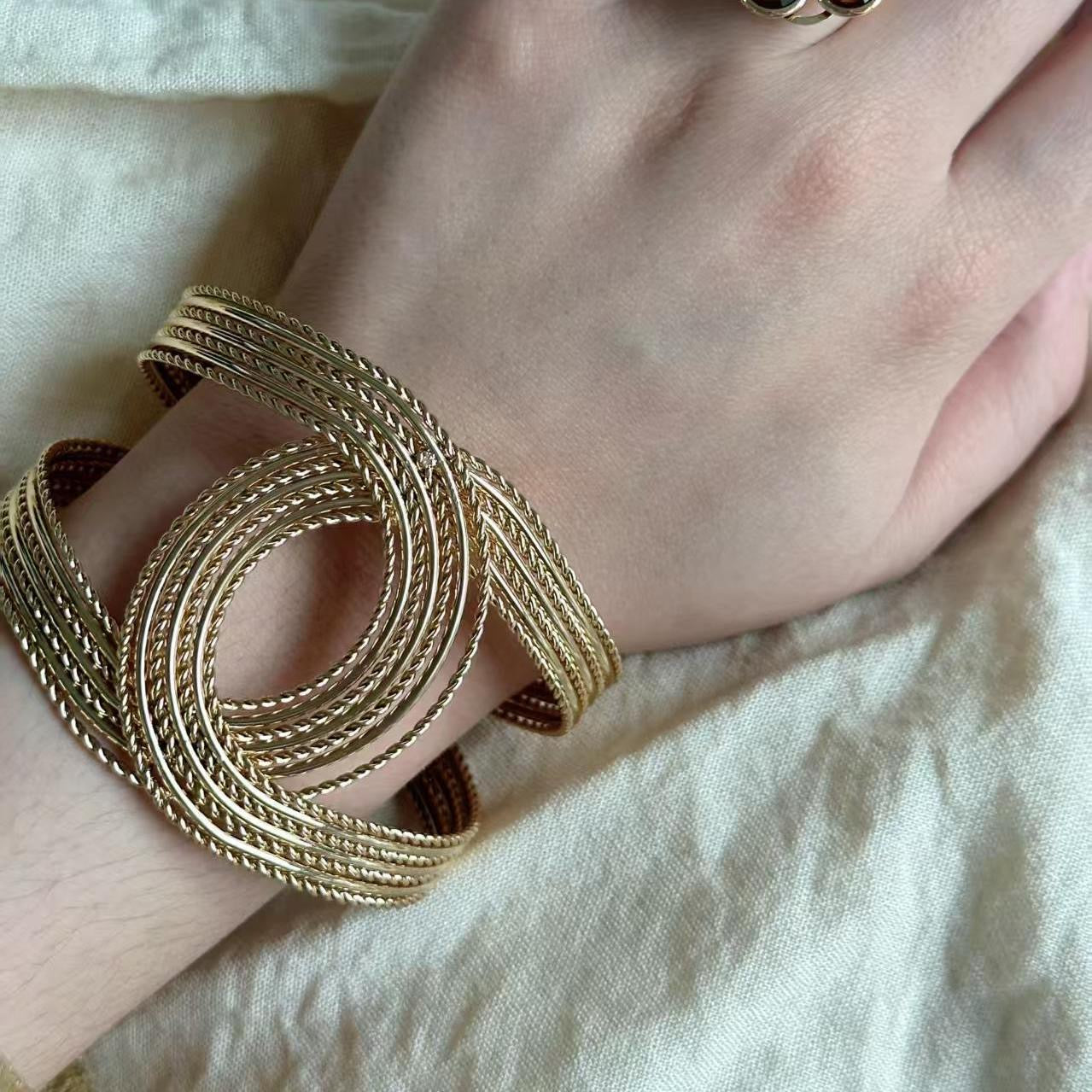 Gold Vintage Multi-layer Wire Wrap Bangle Wide Open Bracelet