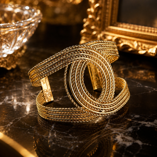 Gold Vintage Multi-layer Wire Wrap Bangle Wide Open Bracelet