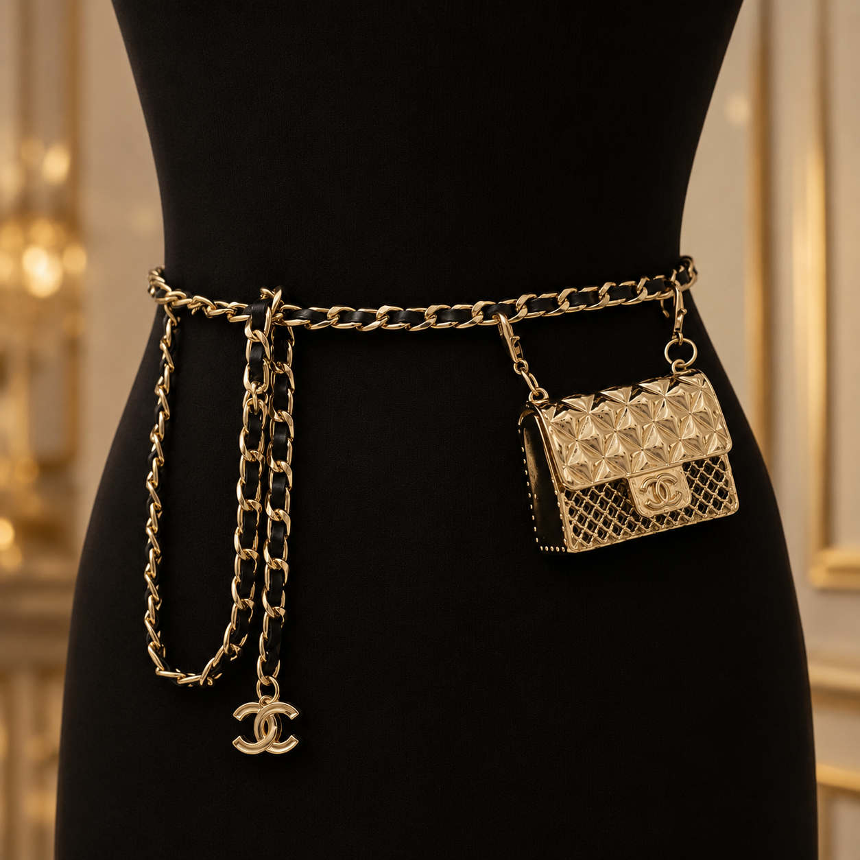 Gold Chain Waist Belt with Mini Quilted Bag Charm & Tassel Drop