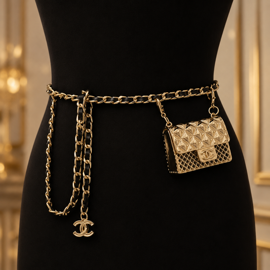 Gold Chain Waist Belt with Mini Quilted Bag Charm & Tassel Drop