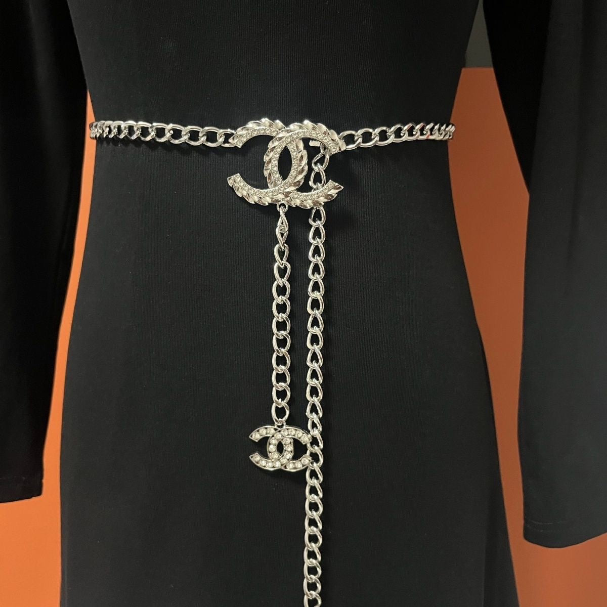 Silver Curb Chain Waist Belt | Crystal Buckle & Chain Tassel Drop