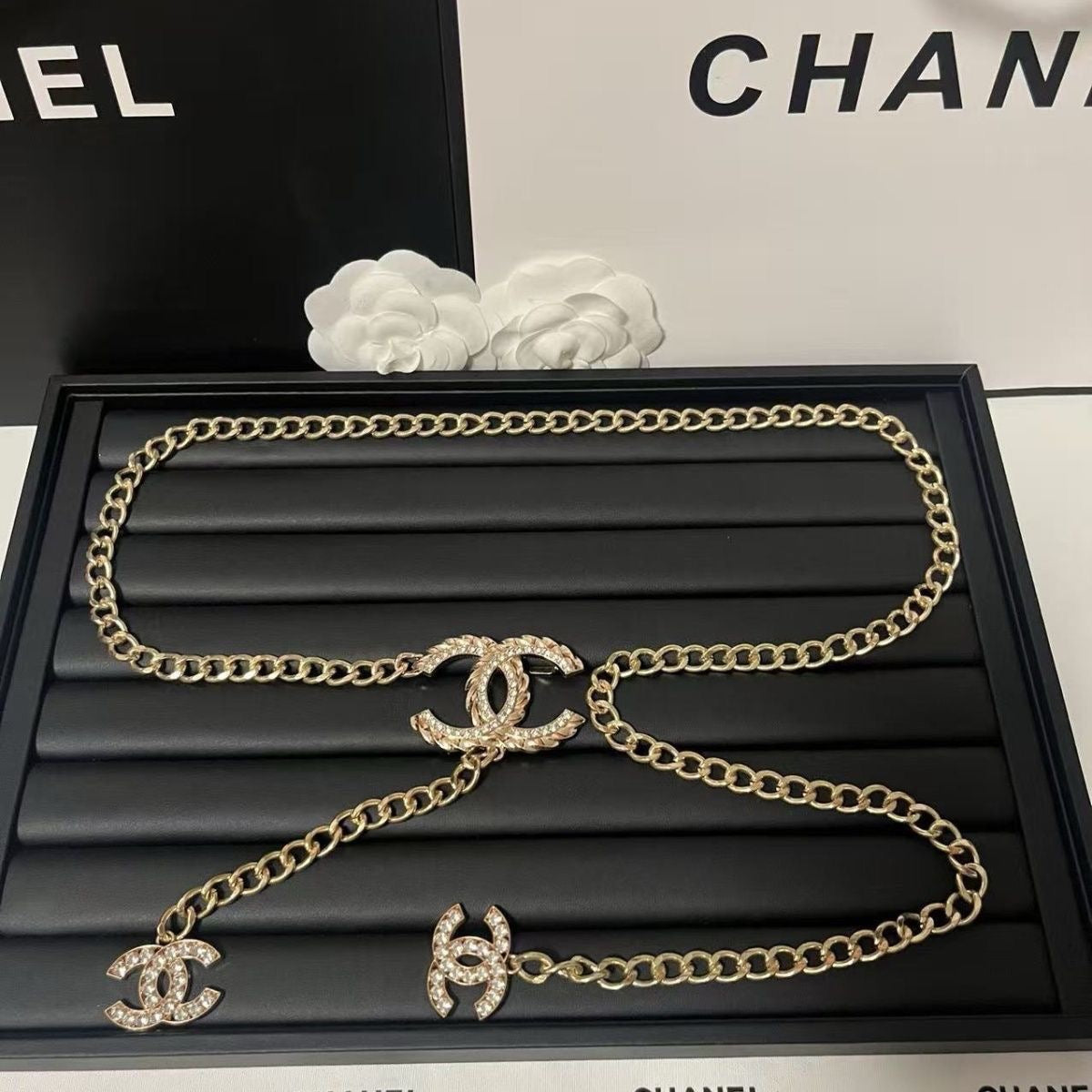 Silver Curb Chain Waist Belt | Crystal Buckle & Chain Tassel Drop
