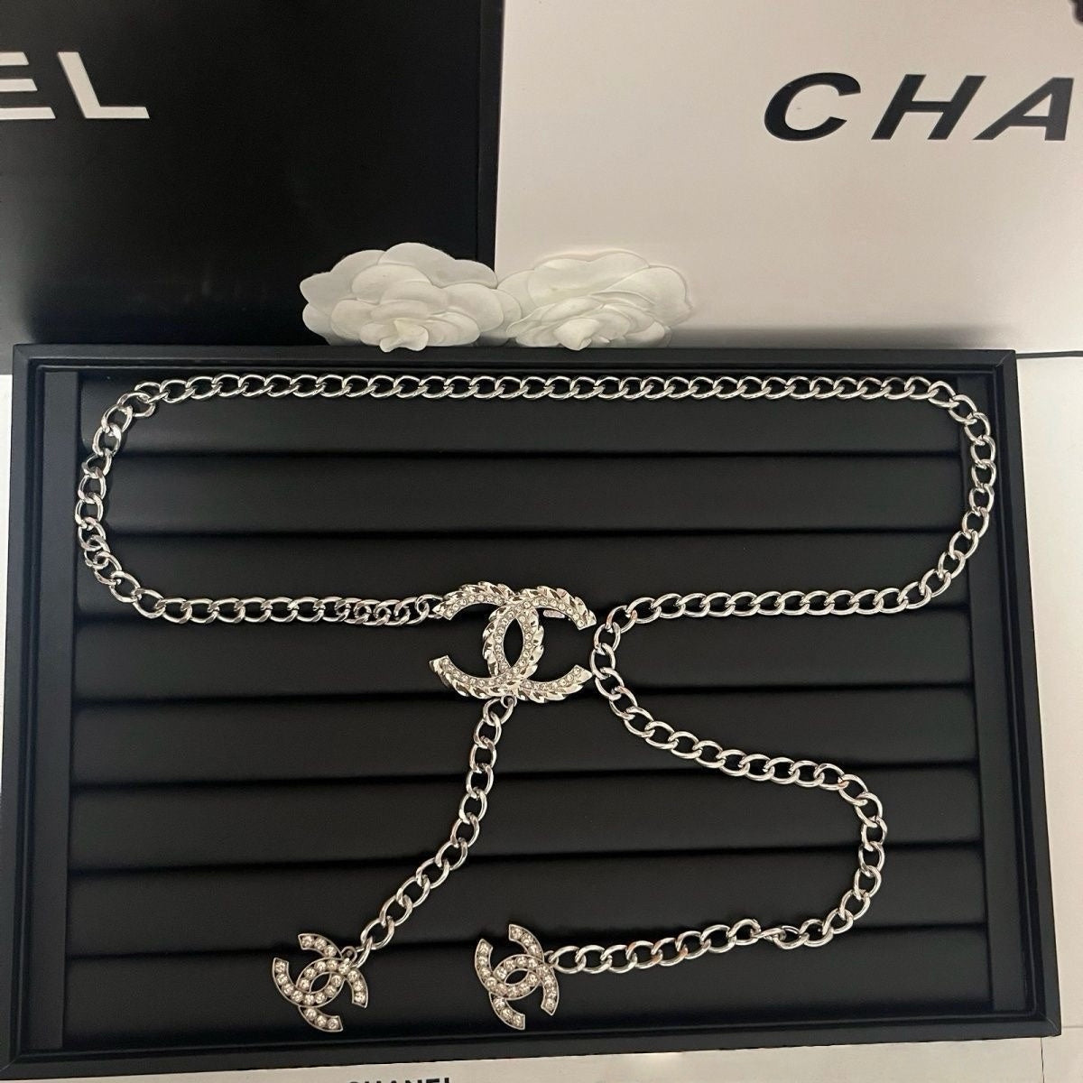 Silver Curb Chain Waist Belt | Crystal Buckle & Chain Tassel Drop