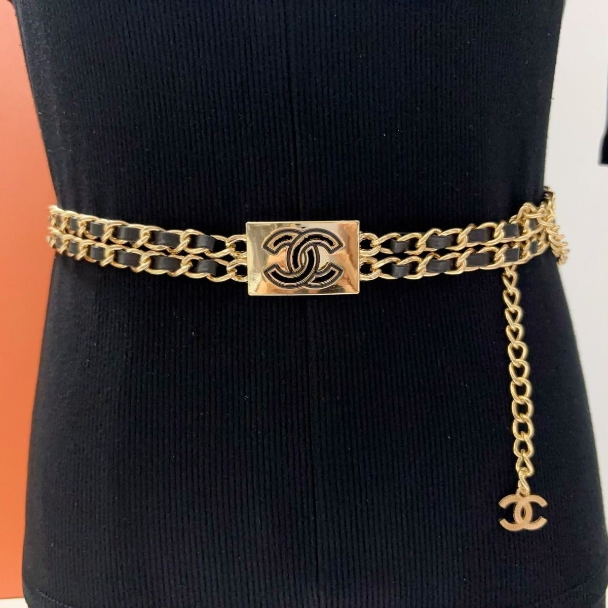 Double-Layer Leather-Woven Chain Belt with Rectangle Buckle Charm