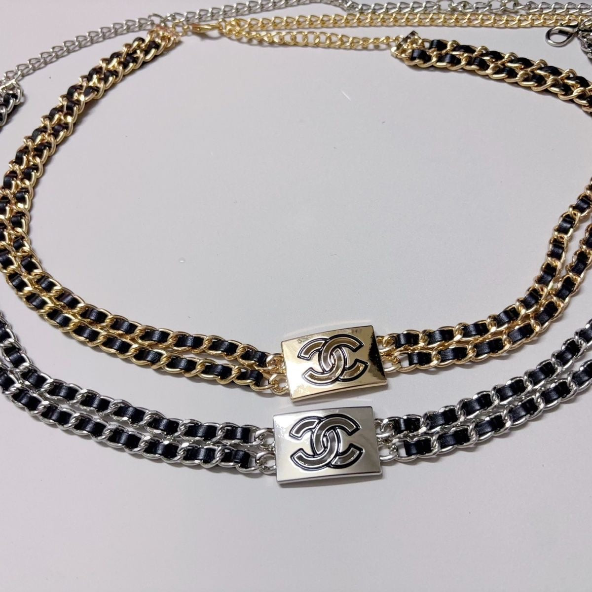 Double-Layer Leather-Woven Chain Belt with Rectangle Buckle Charm