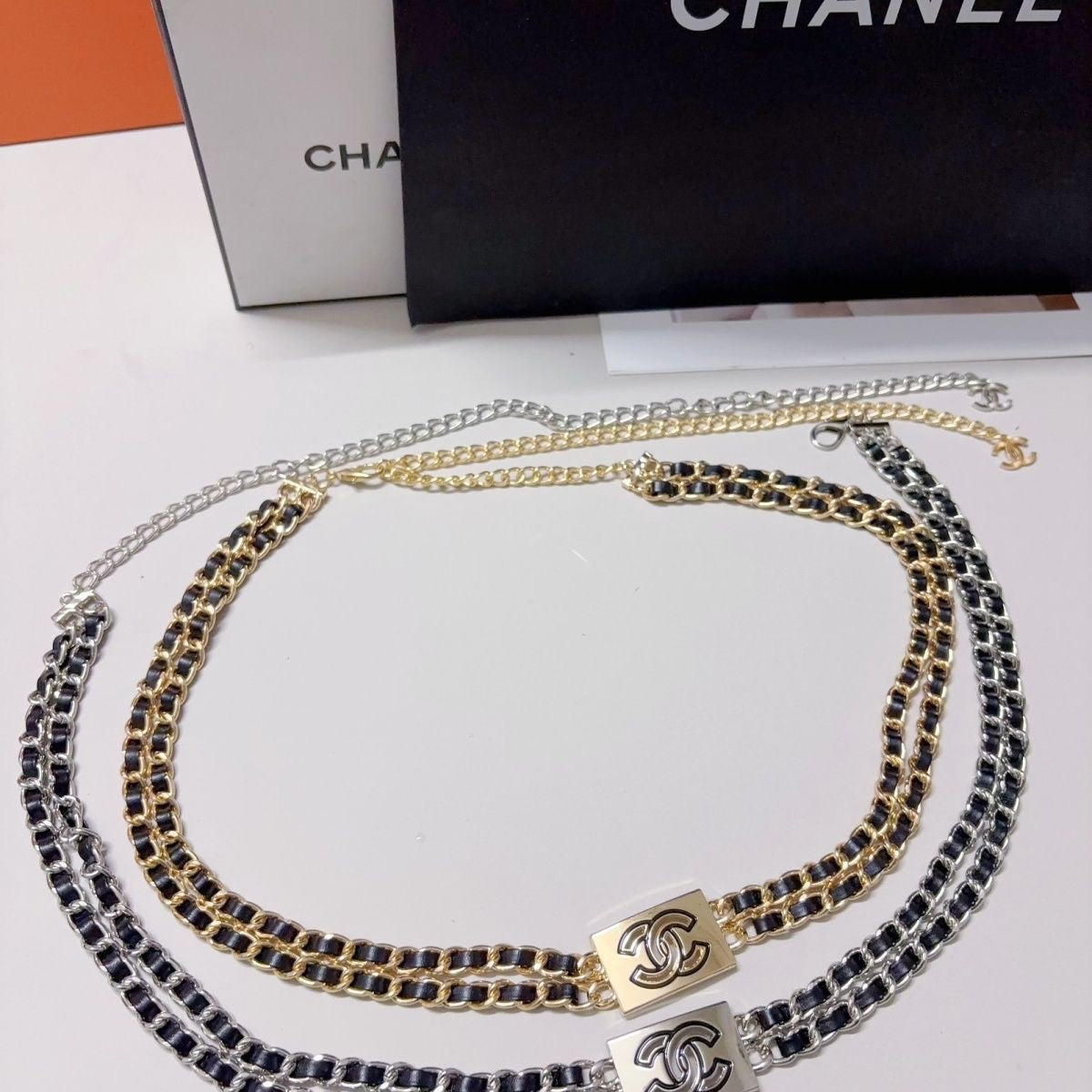Double-Layer Leather-Woven Chain Belt with Rectangle Buckle Charm