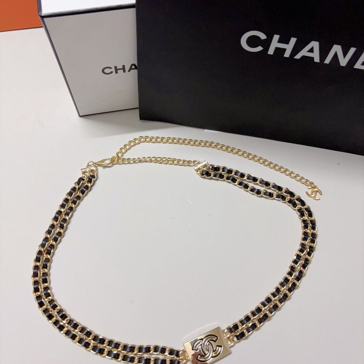 Double-Layer Leather-Woven Chain Belt with Rectangle Buckle Charm