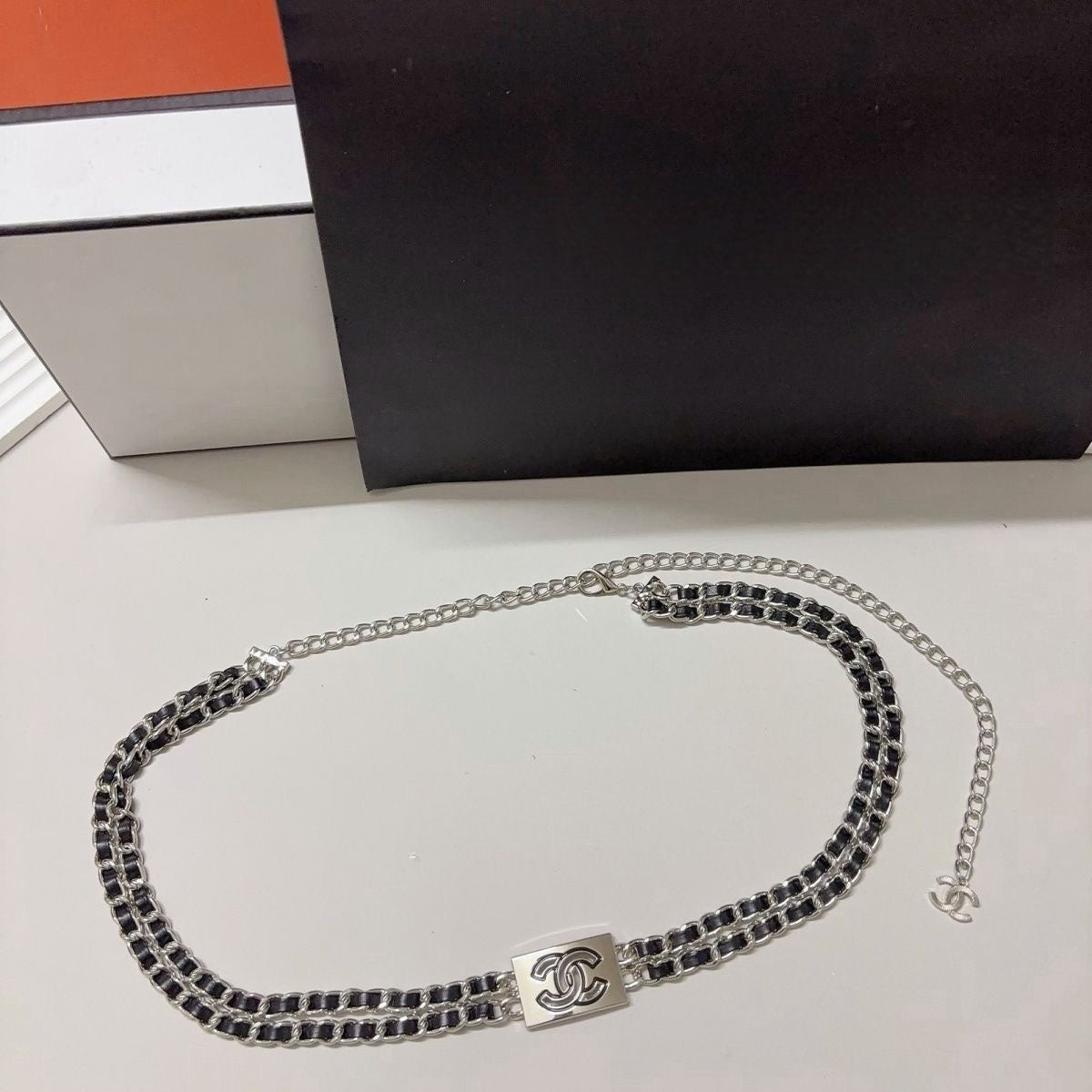 Double-Layer Leather-Woven Chain Belt with Rectangle Buckle Charm
