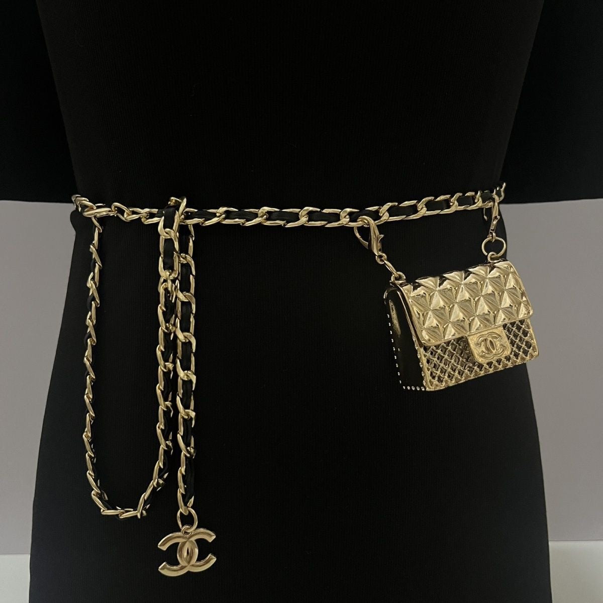 Gold Chain Waist Belt with Mini Quilted Bag Charm & Tassel Drop