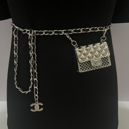 Gold Chain Waist Belt with Mini Quilted Bag Charm & Tassel Drop