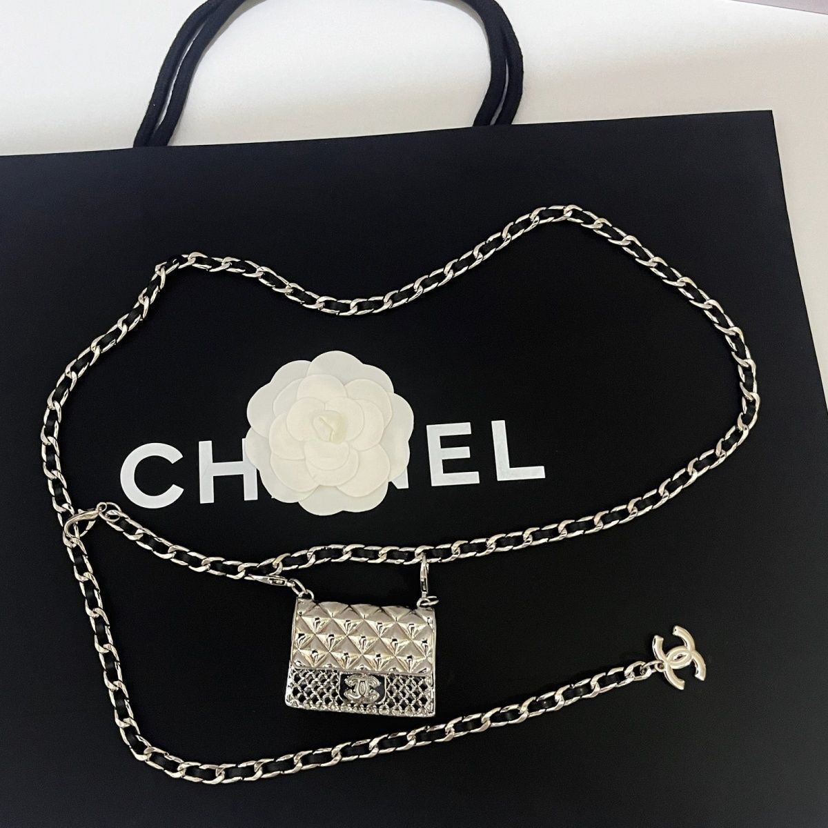 Gold Chain Waist Belt with Mini Quilted Bag Charm & Tassel Drop