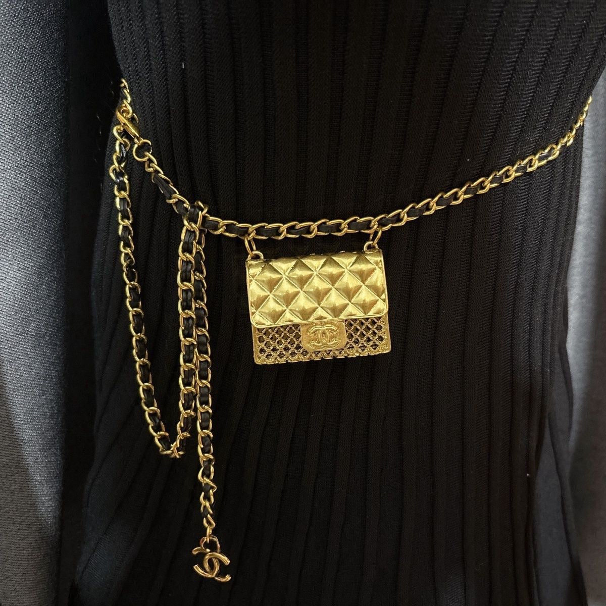Gold Chain Waist Belt with Mini Quilted Bag Charm & Tassel Drop