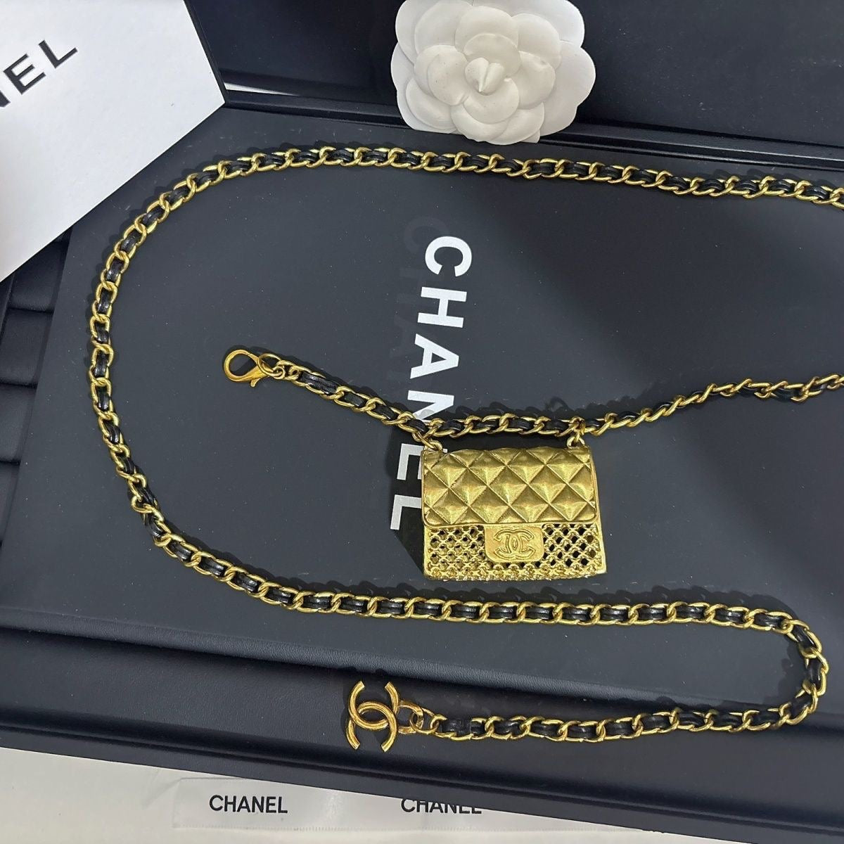 Gold Chain Waist Belt with Mini Quilted Bag Charm & Tassel Drop