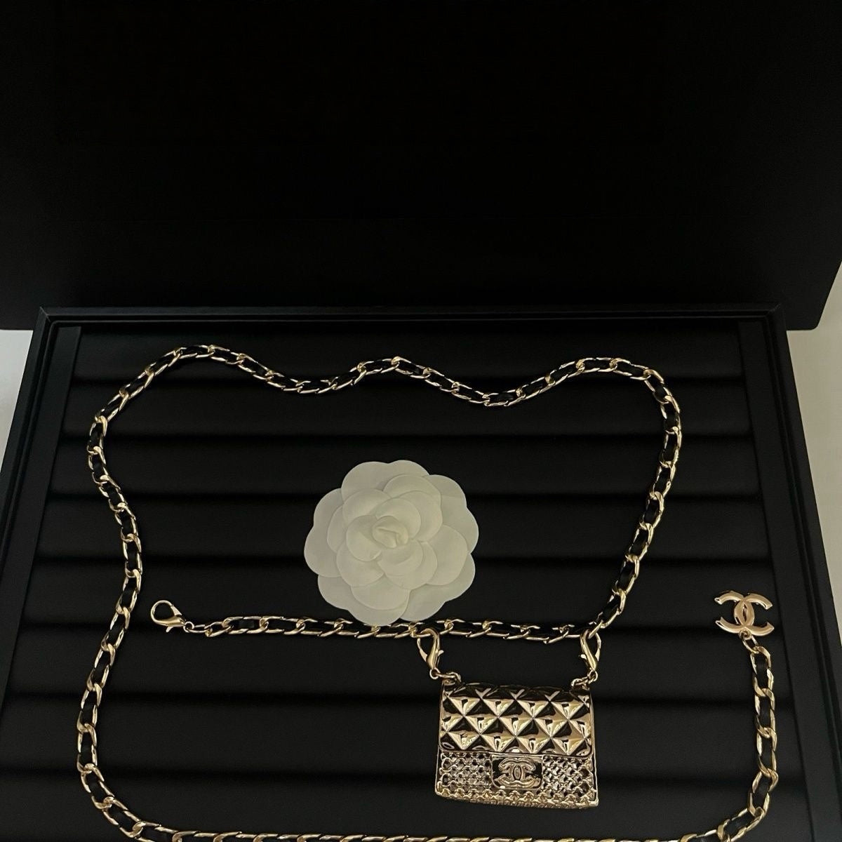Gold Chain Waist Belt with Mini Quilted Bag Charm & Tassel Drop
