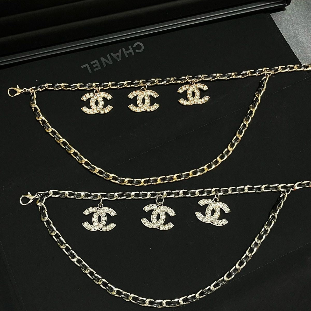 Gold & Black Double-Layer Chain Belt with Crystal Interlocking Charm Pendants