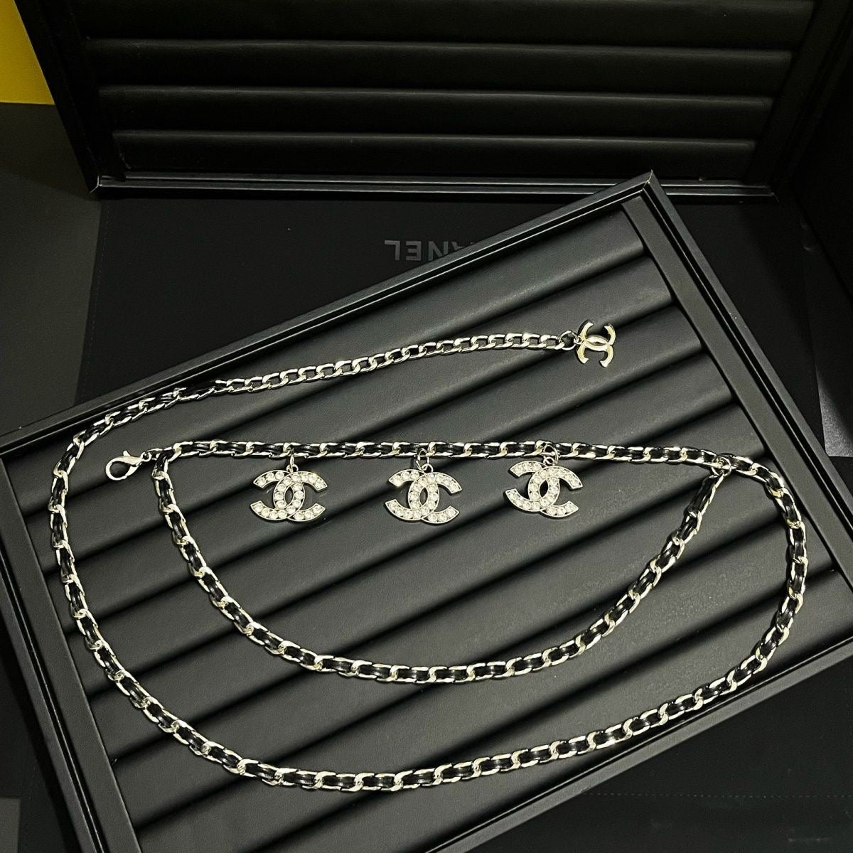 Gold & Black Double-Layer Chain Belt with Crystal Interlocking Charm Pendants