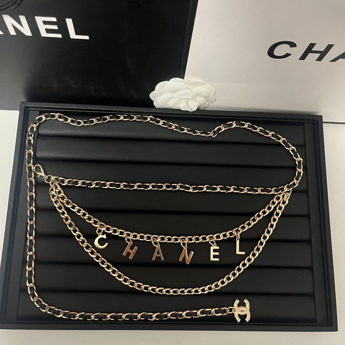 Triple Layered Gold Letter Charm Chain Belt