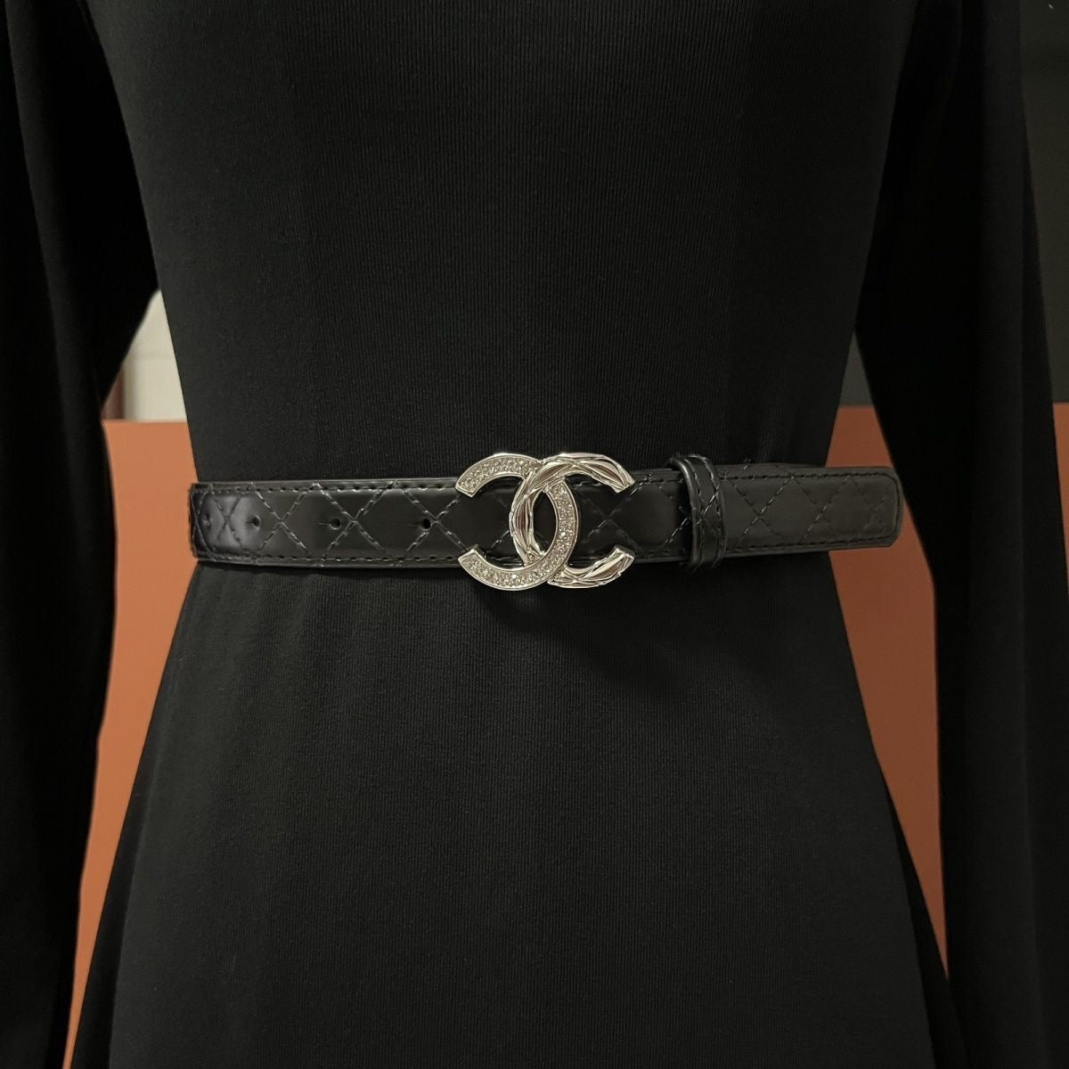 Women's Fashion Belt  | Black Quilted Leather Belt with Crystal Double-Arc Buckle