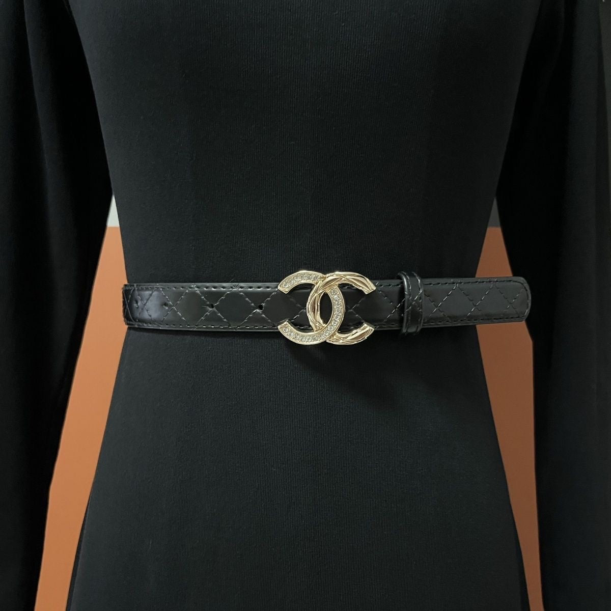 Women's Fashion Belt  | Black Quilted Leather Belt with Crystal Double-Arc Buckle
