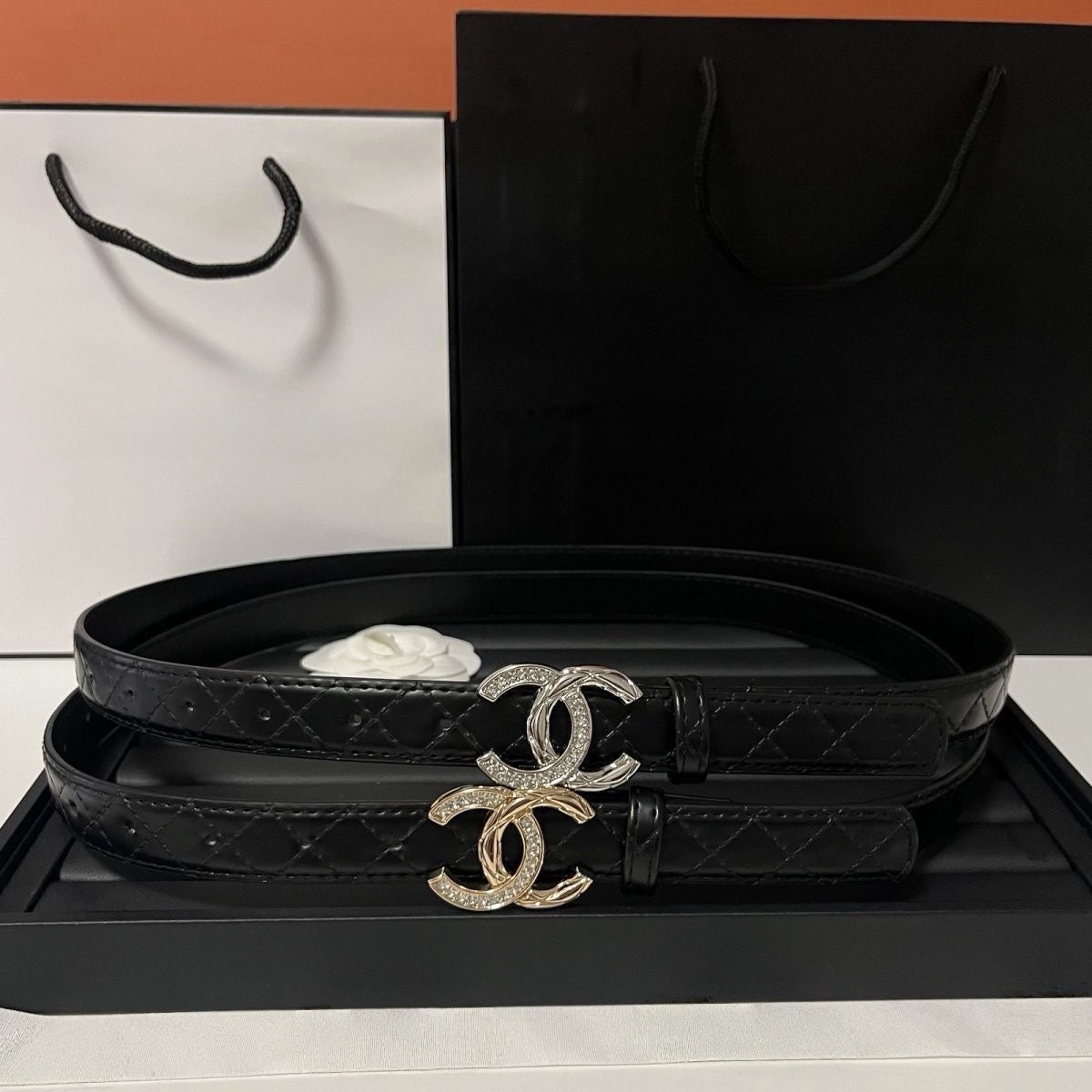 Women's Fashion Belt  | Black Quilted Leather Belt with Crystal Double-Arc Buckle