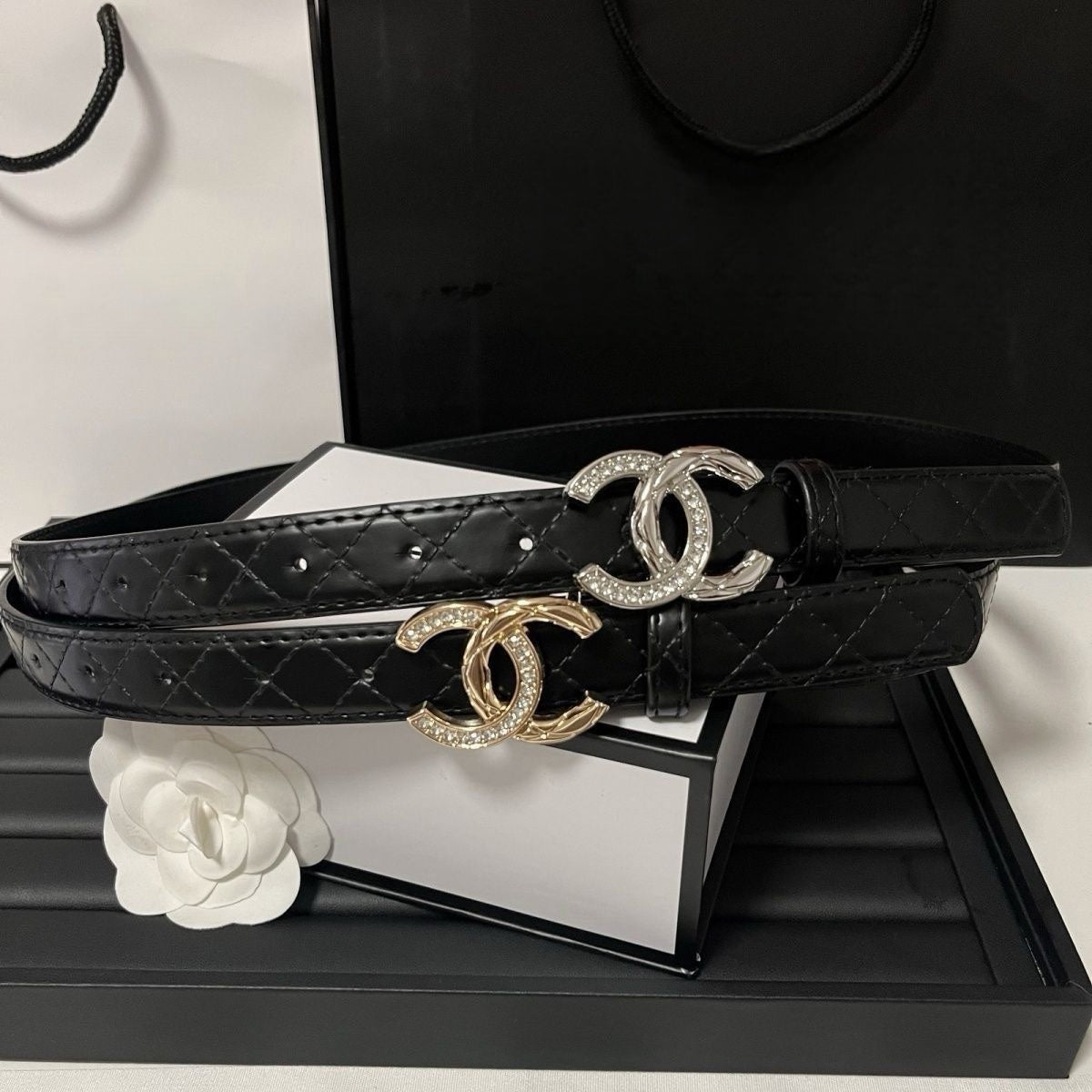 Women's Fashion Belt  | Black Quilted Leather Belt with Crystal Double-Arc Buckle