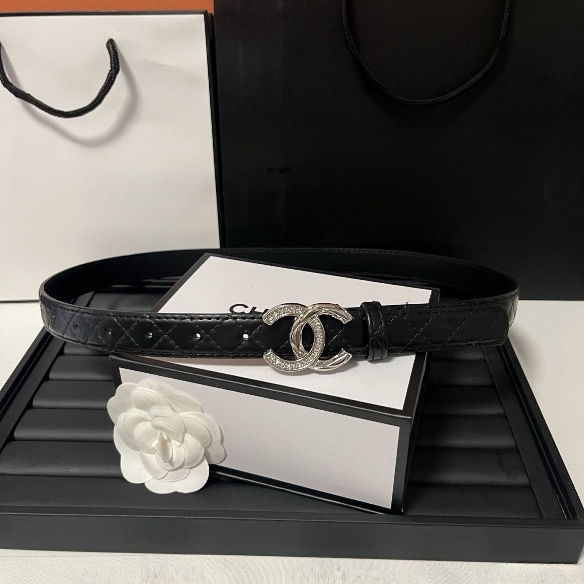 Women's Fashion Belt  | Black Quilted Leather Belt with Crystal Double-Arc Buckle