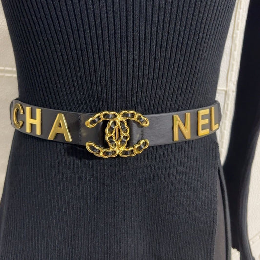 Pearl Crystal Letter Buckle Leather Belt