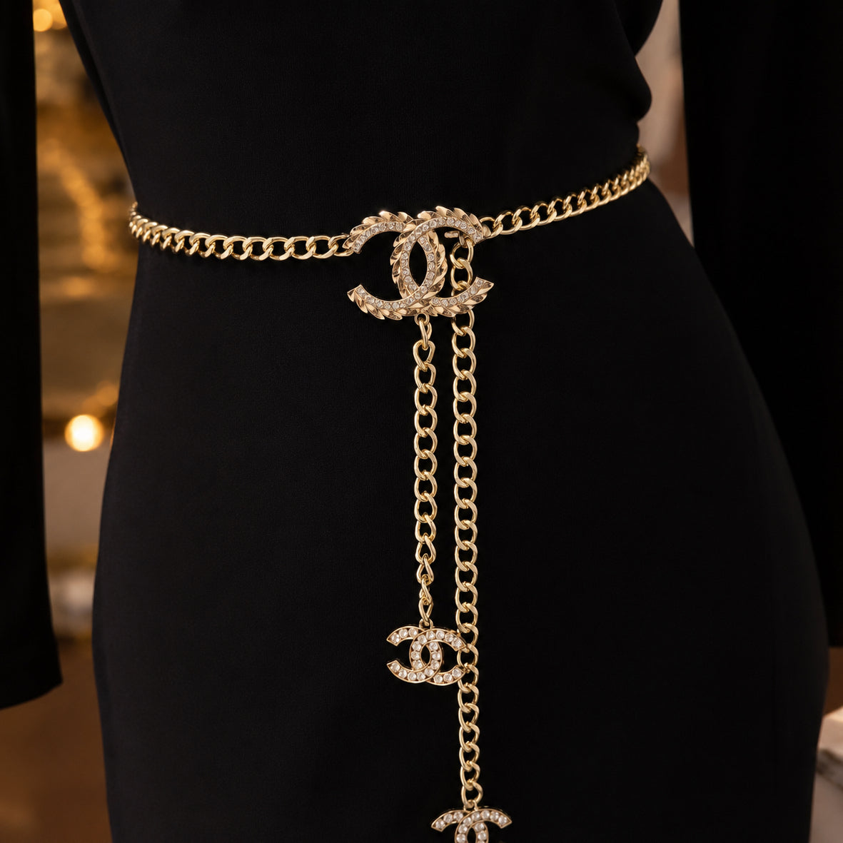 Silver Curb Chain Waist Belt | Crystal Buckle & Chain Tassel Drop