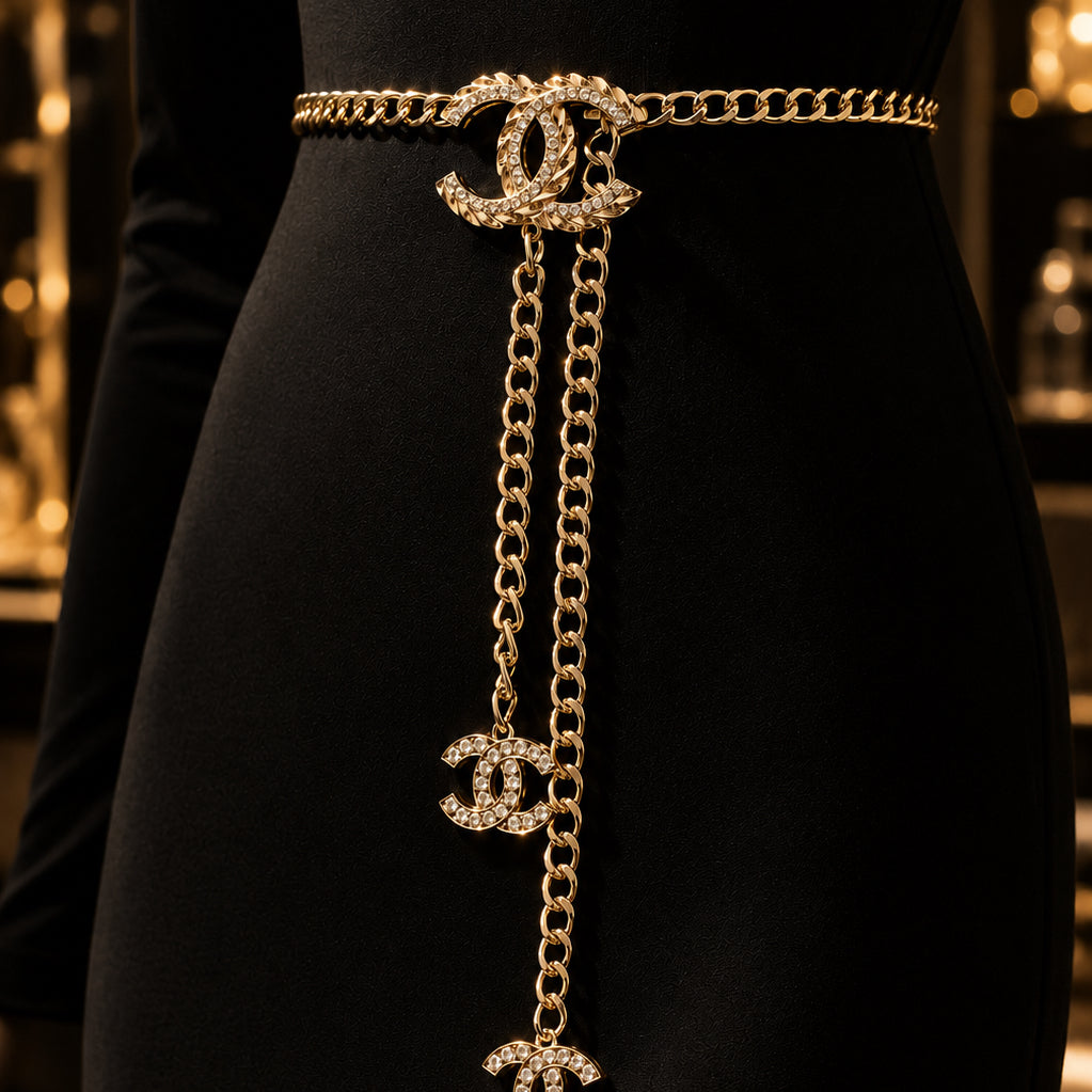 Silver Curb Chain Waist Belt | Crystal Buckle & Chain Tassel Drop