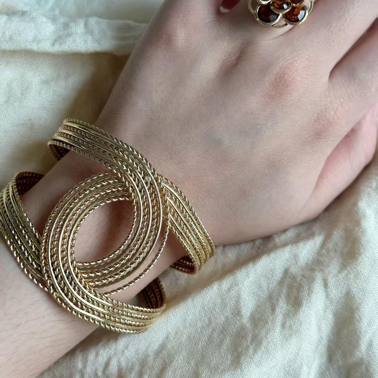 Gold Vintage Multi-layer Wire Wrap Bangle Wide Open Bracelet