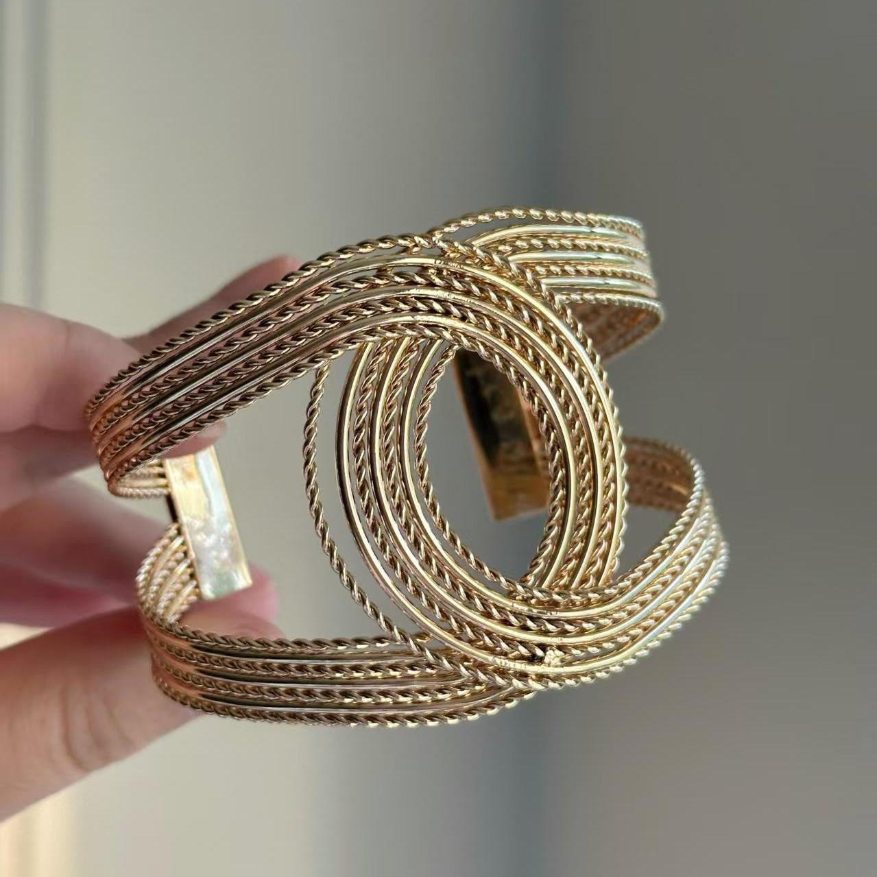 Gold Vintage Multi-layer Wire Wrap Bangle Wide Open Bracelet