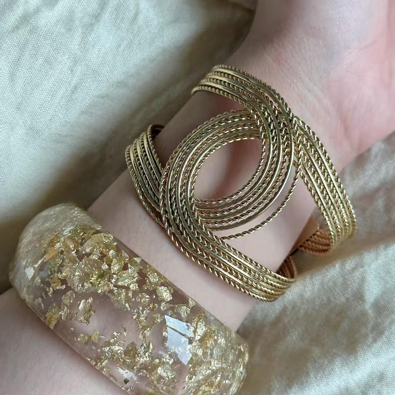 Gold Vintage Multi-layer Wire Wrap Bangle Wide Open Bracelet